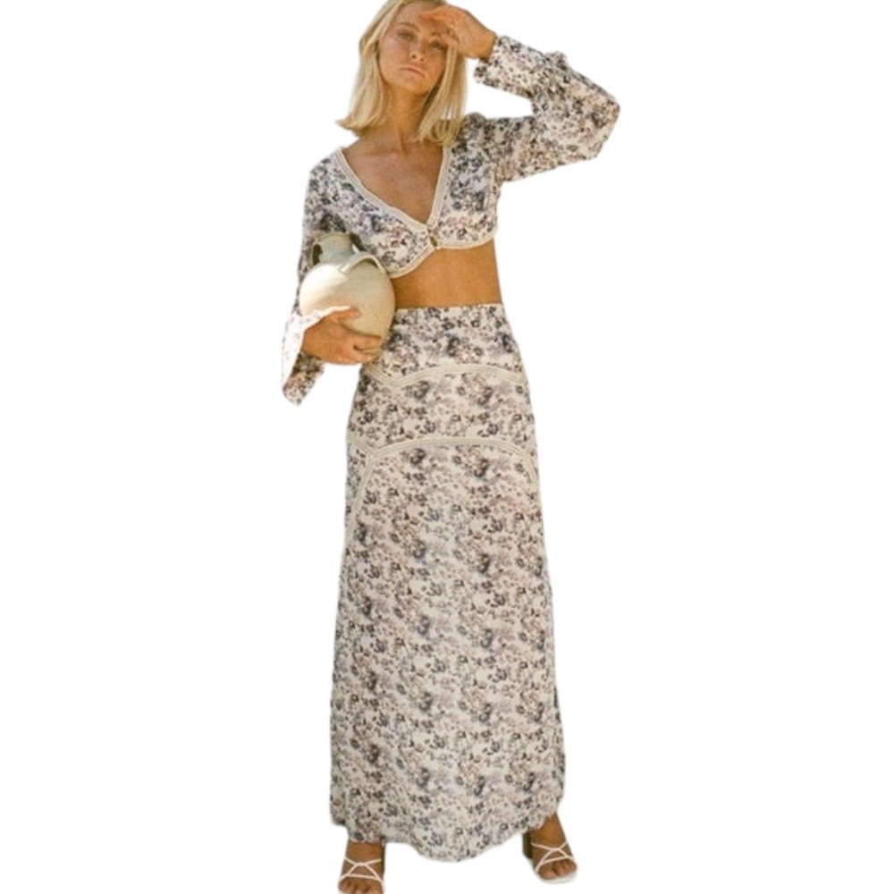NEW Sabo Aubrey Floral Crochet Lace 2 Piece Set - Crop Top & Slip Maxi Skirt  XS